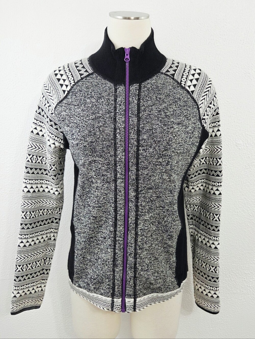Title Nine Black & White Wool Blend Full Zip Sweater Jacket women's Size medium